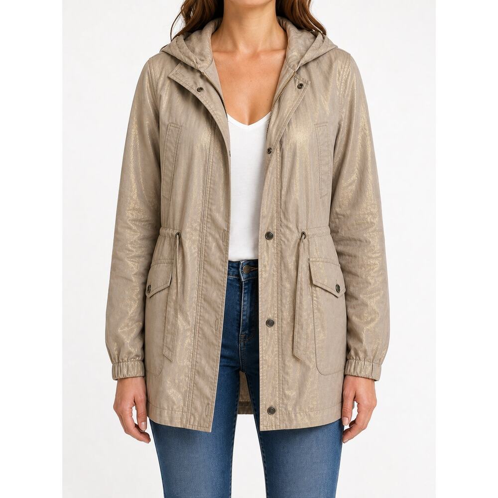 Gallery Women's Gold Metallic Long Sleeve Hooded Utility Parka Jacket Size M